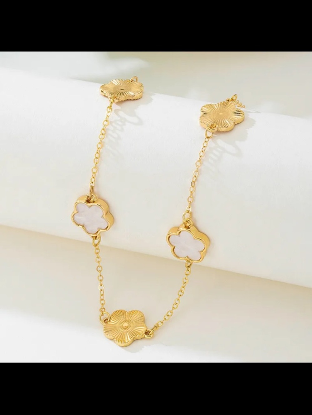 Gold Clover Station Necklace with Mother-of-Pearl Accents